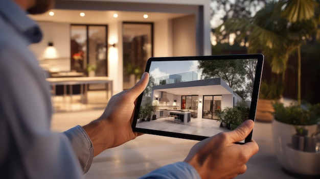 Businessman hand holding digital tablet with new house plant