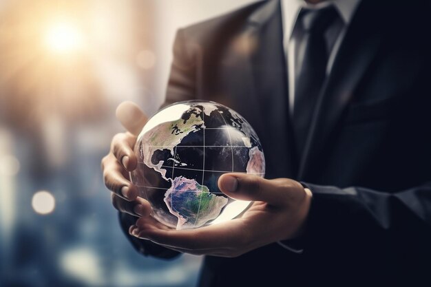 Бизнесмен держит в руках глобус Глобальное потепление и изменение климата Иллюстрация AIGenerated