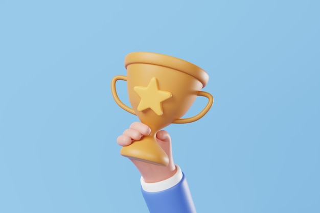 Photo businessman hand holding golden trophy with star on blue background business challenge reward competition 3d rendering