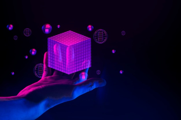 Businessman hand holding holographic of metaverse network on black background metaverse internet social online technology digital cryptocurrency coin