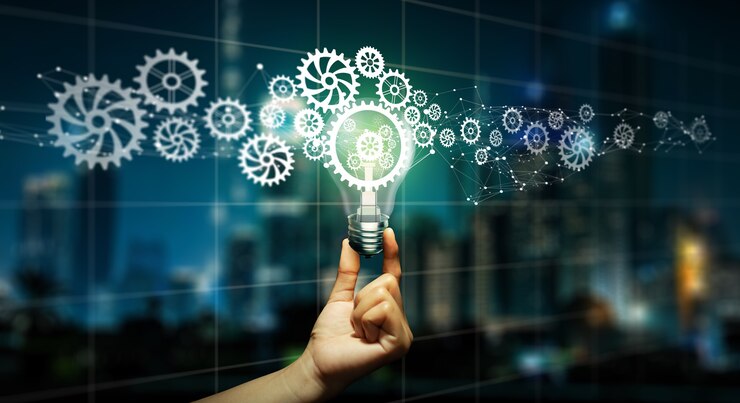 Photo businessman hand holding light bulb with cog inside. business idea bulb gear icon network connection with creative and inspiration. innovation, leadership, teamwork, idea, vision, plan concept.
