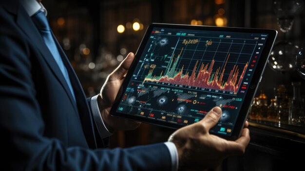 businessman hand holding tablet showing graph growth stock