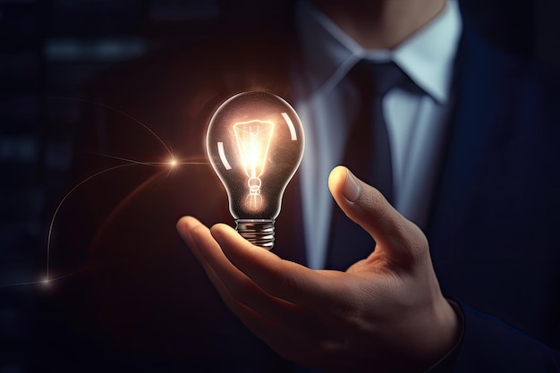 Businessman Hand Holding a Technology Light Bulb Depicting Smart Study Thinking of Success