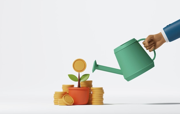 Businessman hand holding watering can to water plant in growing pot with pile of coins