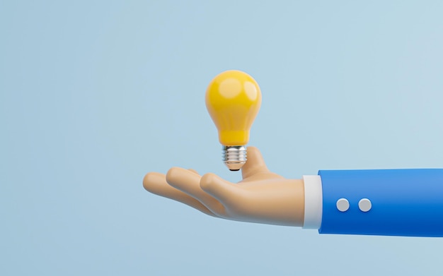 Businessman hand holding yellow lightbulb for creative thinking\
idea and problem solving concept by 3d render illustration