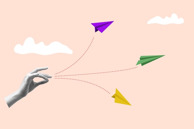 businessman hand launches paper airplanes concept of new business start up opportunity success goal and target