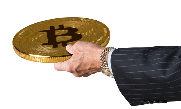 Businessman hand offering Bitcoin to trade