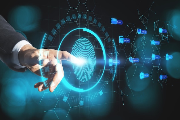 businessman hand pointing at creative fingerprint interface on blurry bokeh background biometrics and security concept double exposure
