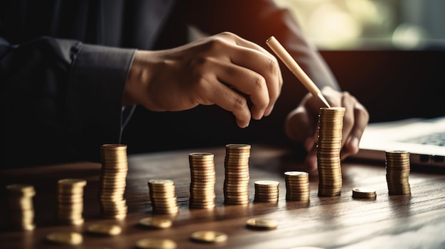 Businessman hand put coin to stack of coins for finance and banking concept Generative AI