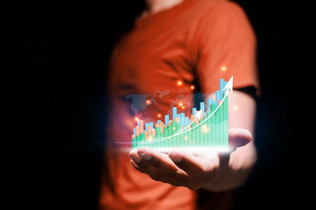 Businessman hand show Stock chart showing rising stock sign with graph indicator Interest rate financial and mortgage rates concept Double Exposure Image