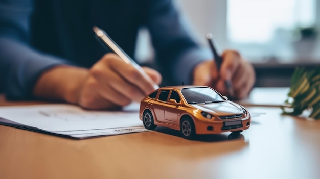 Businessman hand signing document with small car model on table buying car concept