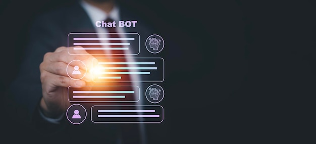Бизнесмен Ручное касание Чат-бот Чат с системой искусственного интеллекта AI Искусственный интеллект чат-бот с искусственным интеллектом Цифровой чат-бот Разговор с роботом