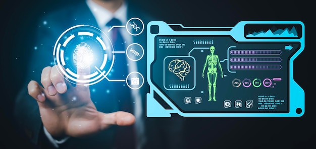 Businessman hand Touch DNA graph and biochemical research scientist working with a microscope human dna detection graph Checking for abnormalities in the bodyscience and experiment