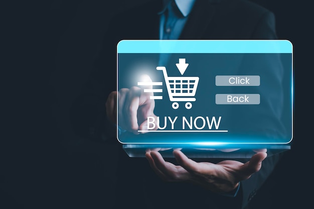 Photo businessman hand touch with online shopping concept marketplace website with virtual interface of online shopping cart part of the network online shopping business with selecting shopping cart