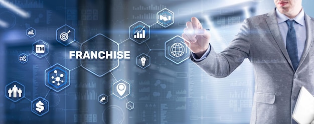 Businessman hand touching inscription Franchise marketing system