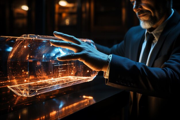 Businessman hand touching a virtual hologram program