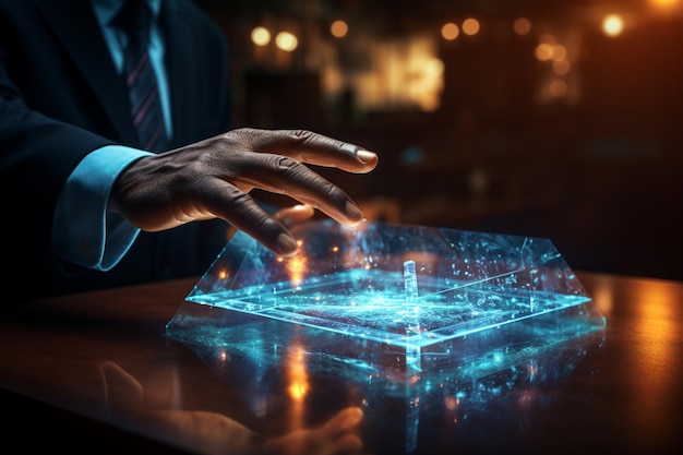 Businessman hand touching a virtual hologram program