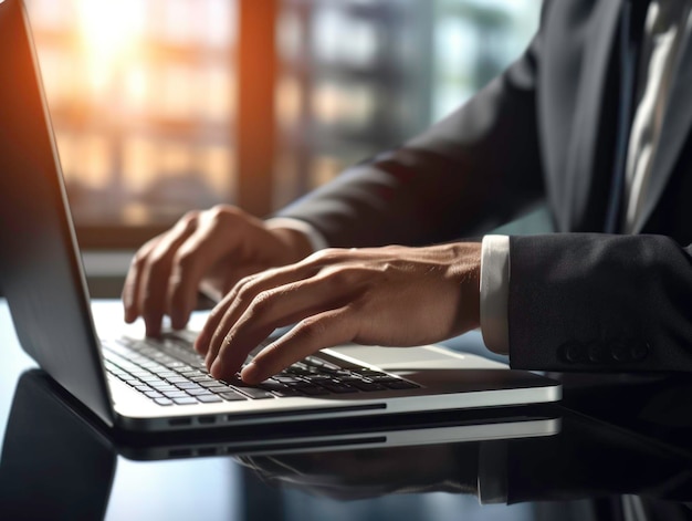 Businessman hand using laptop computer in officeGenerated by AI