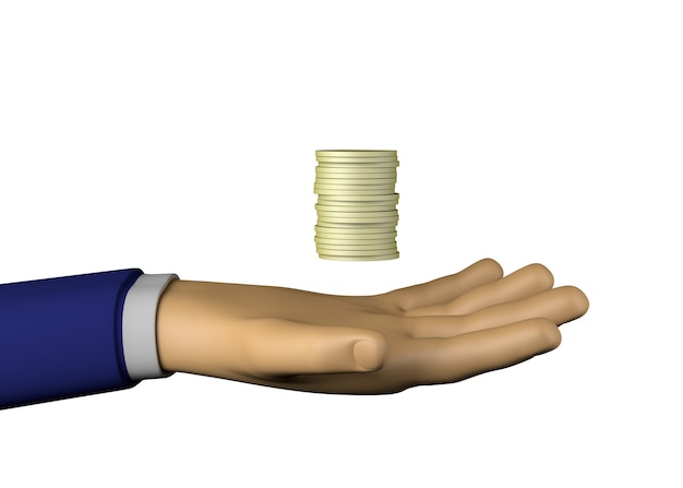 Рука бизнесмена с монетами. Заработок. 3D иллюстрации.
