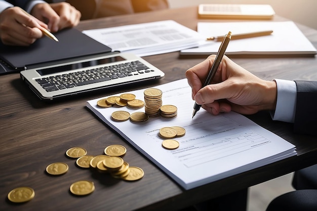 Businessman hand writing on paper with money coins stack on table High quality photo