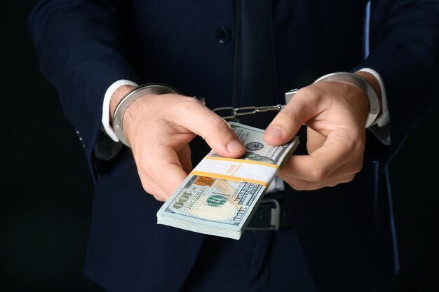 Businessman in handcuffs holding bribe closeup