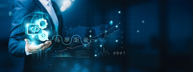 Businessman handholding natural language processing NLP icons with a strong network connection