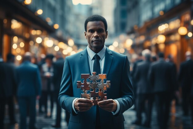 Businessman hands connecting couple puzzle piece Man holding jigsaw with building generative ai