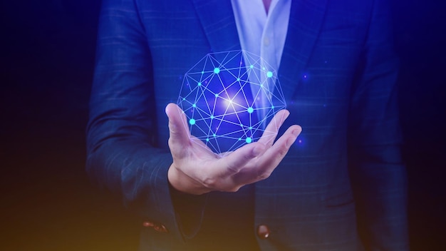 Businessman hands holding with virtual global connection concept grow earth and global online networking connection with data exchanges global communication network security concept