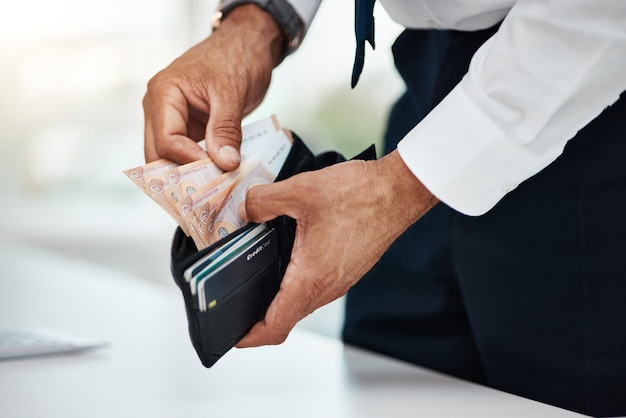 Businessman hands and money wallet of euros for finance trading economy and banking budget Closeup of rich trader financial profit and income for bonus bills cash savings and accounting payment