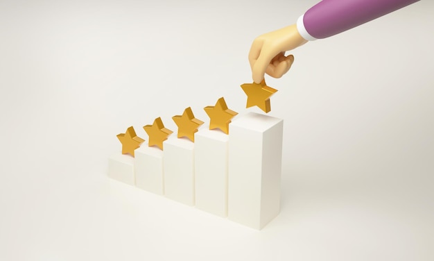 Businessman hands placing gold stars on top bar graph on white background