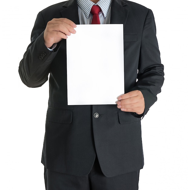 businessman hands showing white blank board