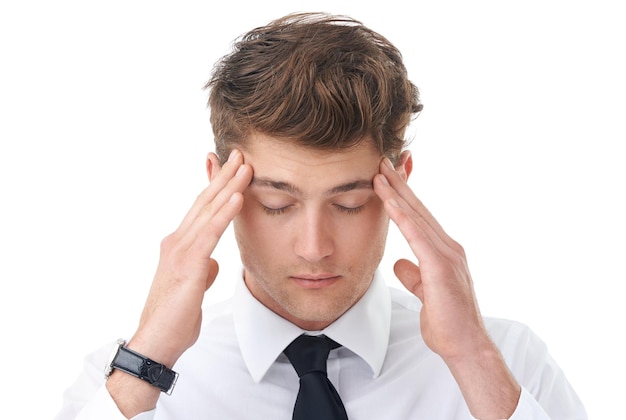 Businessman hands and temple headache or pain in studio as corporate lawyer or burnout fatigue or migraine Male person stress and brain fog or white background for overtime vertigo or mockup