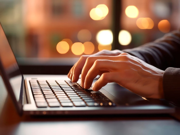 Businessman hands typing and working with laptop computer on wooden table close up Side View Freelancer lifestyle Business technology concept Ai Generative Illustration