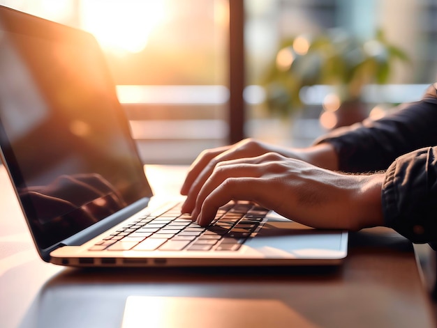 Businessman hands typing and working with laptop computer on wooden table close up Side View Freelancer lifestyle Business technology concept Ai Generative Illustration