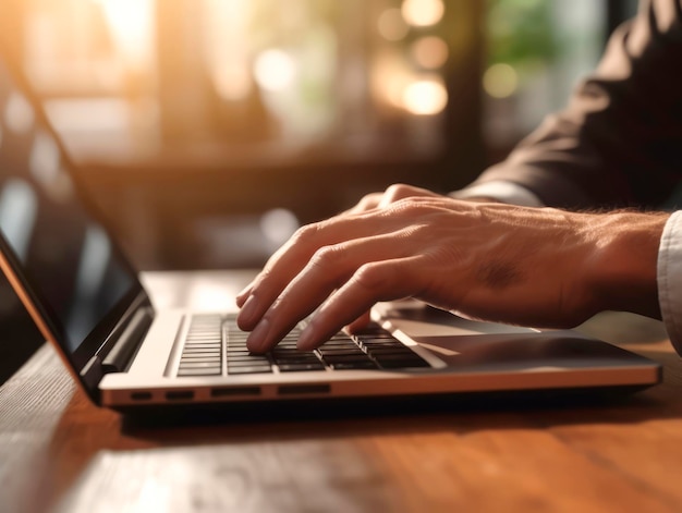 Businessman hands typing and working with laptop computer on wooden table close up Side View Freelancer lifestyle Business technology concept Ai Generative Illustration