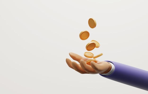 Businessman hands waiting to receive falling gold coins on a white background