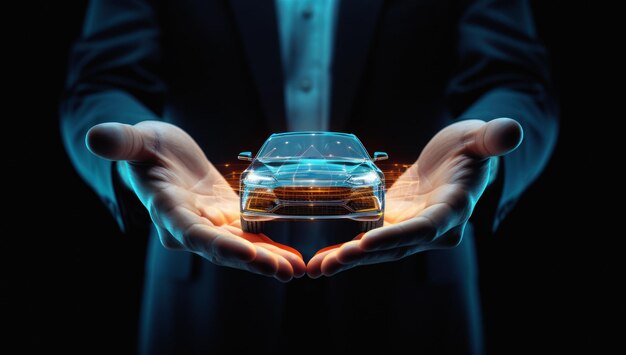 Businessman hands with a hologram car Shaping the future of transportation and innovation with technological expertise and visionary leadership