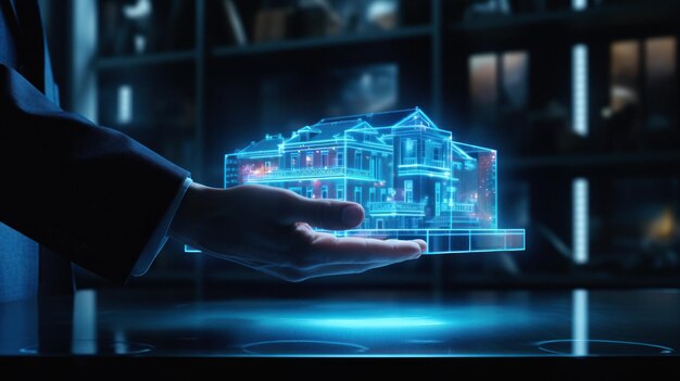 Photo businessman hands with a hologram house transforming real estate through innovative technology and modern solutions for home buyers and sellers