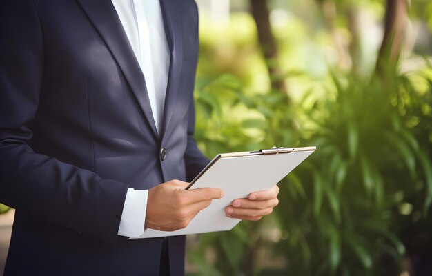 Businessman hands writing on clipboard on blurred nature backgro