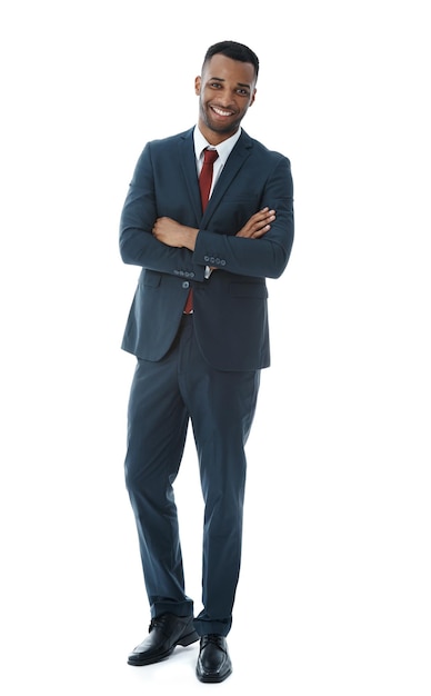 businessman happy and arms crossed in studio with portrait for professional career in corporate law legal practice and justice male lawyer confidence and pride for attorney with white background