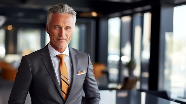бизнесмен в возрасте от 50 до 60 лет излучает уверенность и стиль. Одетый в тщательно скроенный элегантный костюм в сочетании с роскошным галстуком, он властно стоит на фоне размытого офиса.