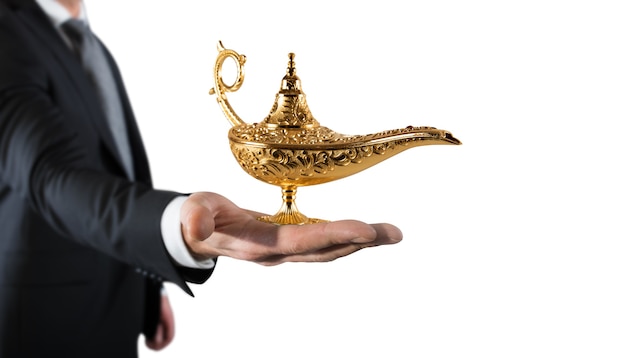 Бизнесмен держит лампу джинна Аладдина. концепция желания и исполнение желания