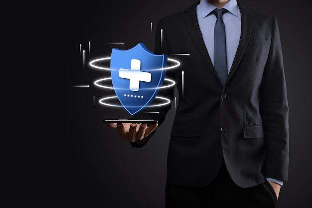 Businessman hold shield with plus low polygonal icon medicine
iconhealth shieldmedical logo templateprotection symbol with cross
sign healthcare security labelmedical logolife insurance
service