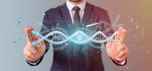 Businessman holding a 3d rendering data coded Dna with binary file around