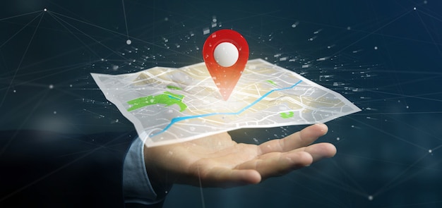 Businessman holding a 3d rendering pin holder on a map