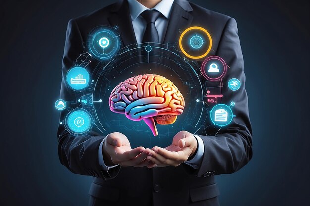 Businessman holding abstract brain and icon digital marketing strategy and growtn investment business target goal