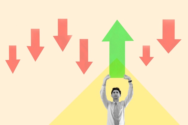 사진 잡지 스타일의 아래쪽 화살표 콜라주 사이에서 위쪽으로 가는 화살표를 들고 있는 사업가 현대 미술 현대적인 디자인