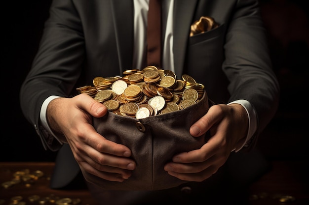 Photo businessman holding a bag full of golden coins generative by ai