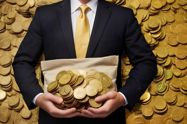 Businessman holding a bag full of golden coins