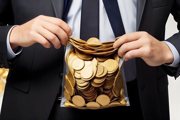 Businessman holding a bag full of golden coins
